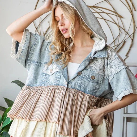 🌸Oli & Hali Mixed Fabric Ruffled Tiered Short Sleeve Hooded Denim Jacket - Picture 4 of 4